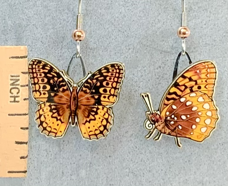 Picture shown is of 1 inch tall pair of earrings of the bug the Fritillary Butterfly.