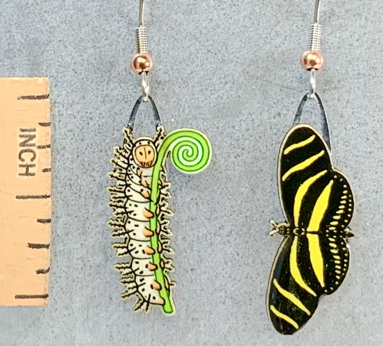 Picture shown is of 1 inch tall pair of earrings of the bug the Zebra Longwing Butterfly.