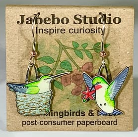Picture shown is of 1 inch tall pair of earrings of a hummingbird & nest.