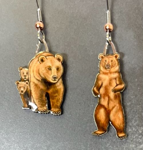 Picture shown is of 1 inch tall pair of earrings of the animal the Grizzly Bear.