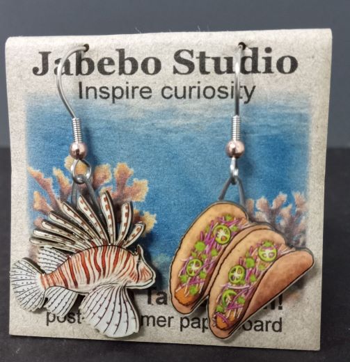 Picture shown is of 1 inch tall pair of earrings of the fish the Lionfish & Tacos.