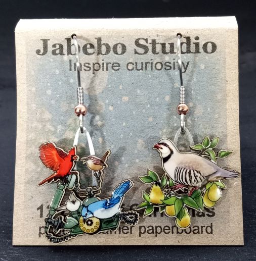 Picture shown is of 1 inch tall pair of earrings of 12 Days of Christmas (Birds).