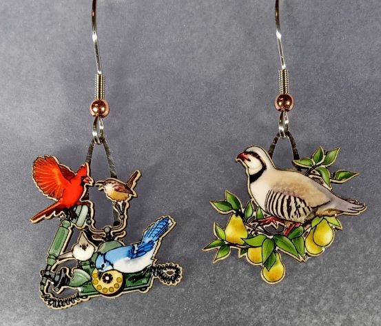 Picture shown is of 1 inch tall pair of earrings of 12 Days of Christmas (Birds).