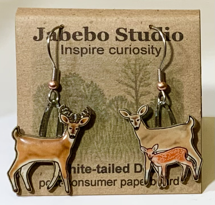 Picture shown is of 1 inch tall pair of earrings of the animal the White-tailed Deer.