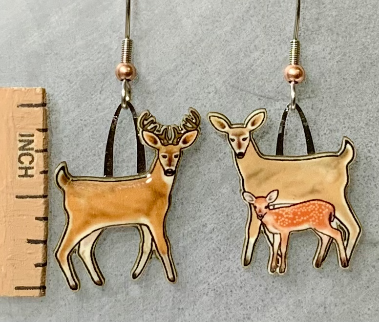 Picture shown is of 1 inch tall pair of earrings of the animal the White-tailed Deer.
