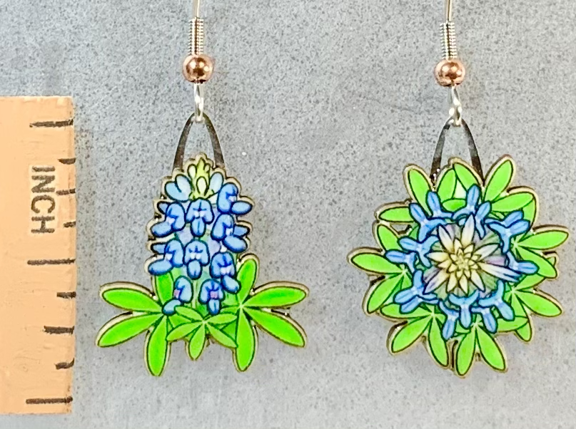 Picture shown is of 1 inch tall pair of earrings of Blue Bonnet.