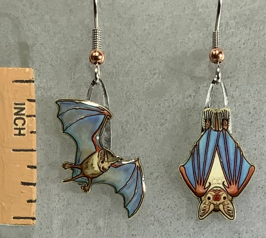 Picture shown is of 1 inch tall pair of earrings of the animal the Free-Tailed Bat.