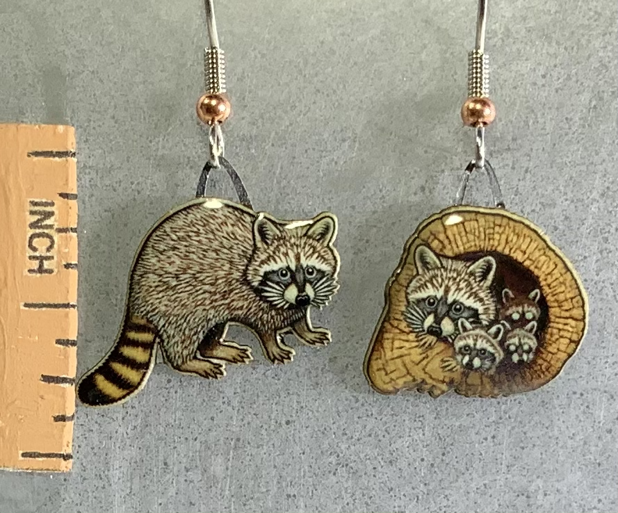 Picture shown is of 1 inch tall pair of earrings of the animal the Raccoon.