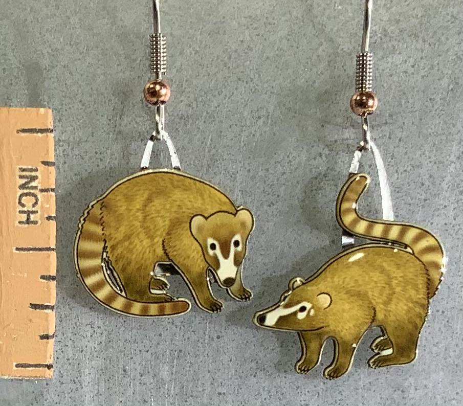 Picture shown is of 1 inch tall pair of earrings of the animal the Coatimundi.