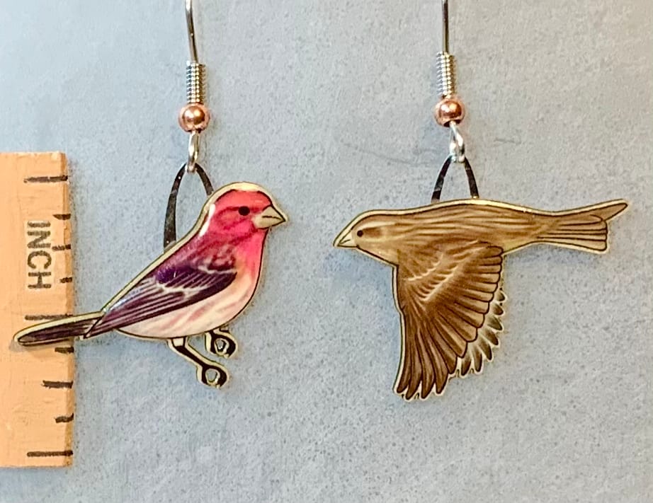Picture shown is of 1 inch tall pair of earrings of the bird the Purple Finch.