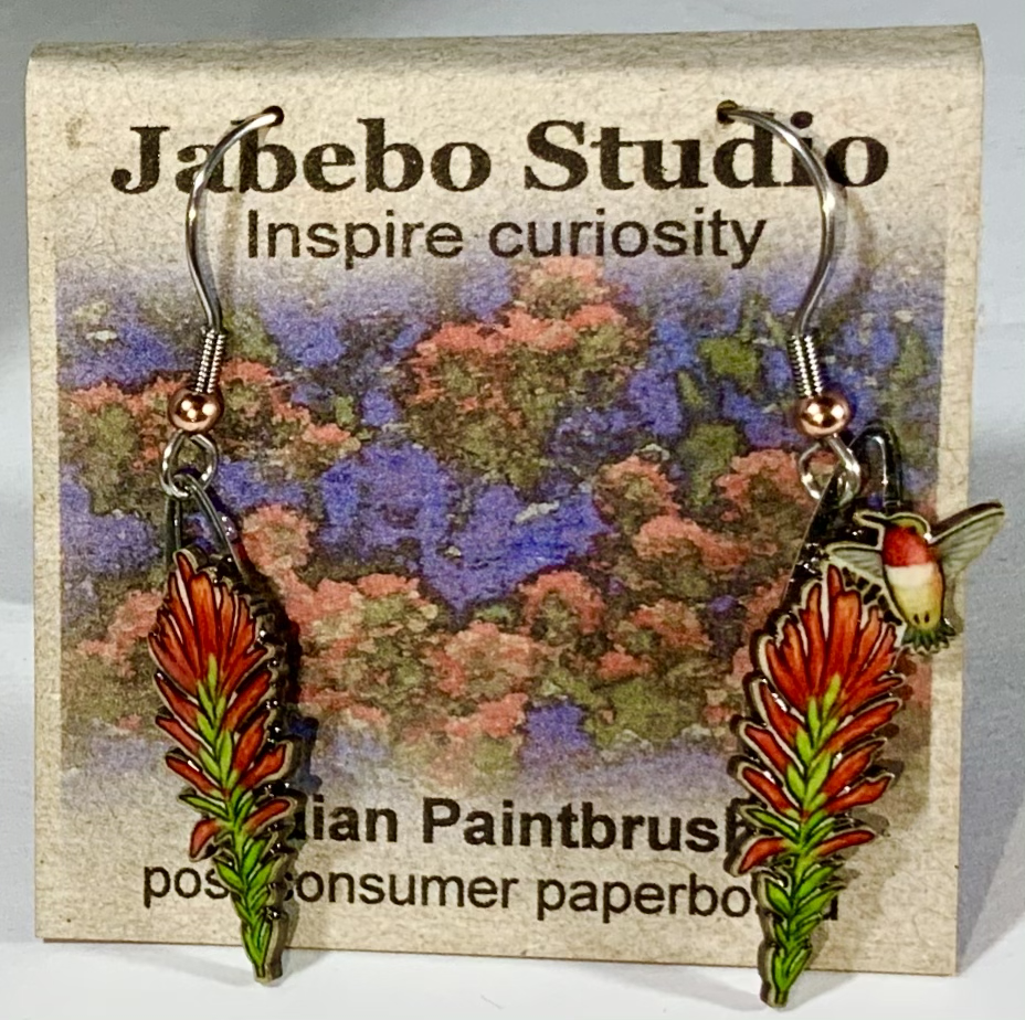 Picture shown is of 1 inch tall pair of earrings of the Indian Paintbrush. Has tiny humming bird at the top of one of the stocks.